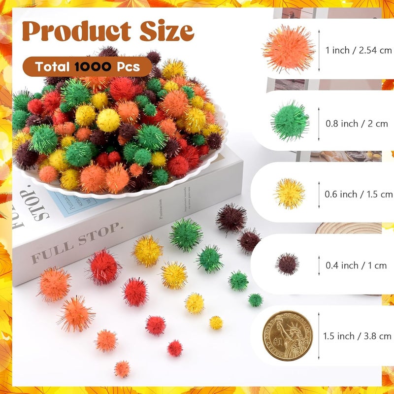 NACHLYNN 1000 Glitter Fall Pom Poms Bulk 4 Sizes Assorted Soft Fluffy Orange Pom Poms for Crafts Thanksgiving Autumn DlY Party Decorations Activities with A Storage Bag - Image 2